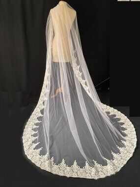 Cathedral Bridal Veil English Net Alençon Lace Beaded Pearl Veil Antique White
